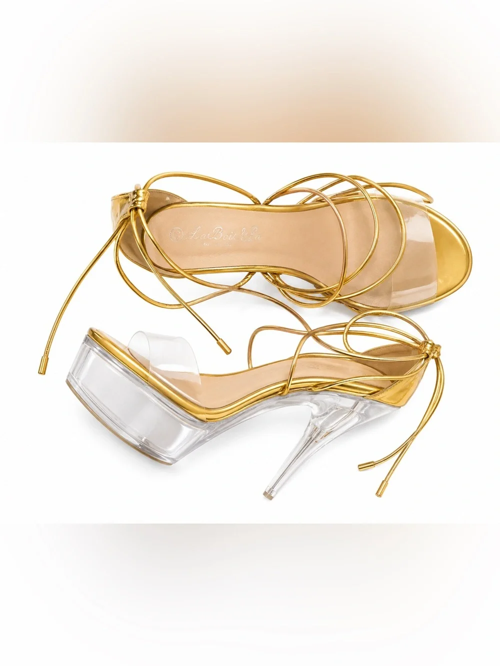 Gold Lace-Up Clear Platform High Heels for Women